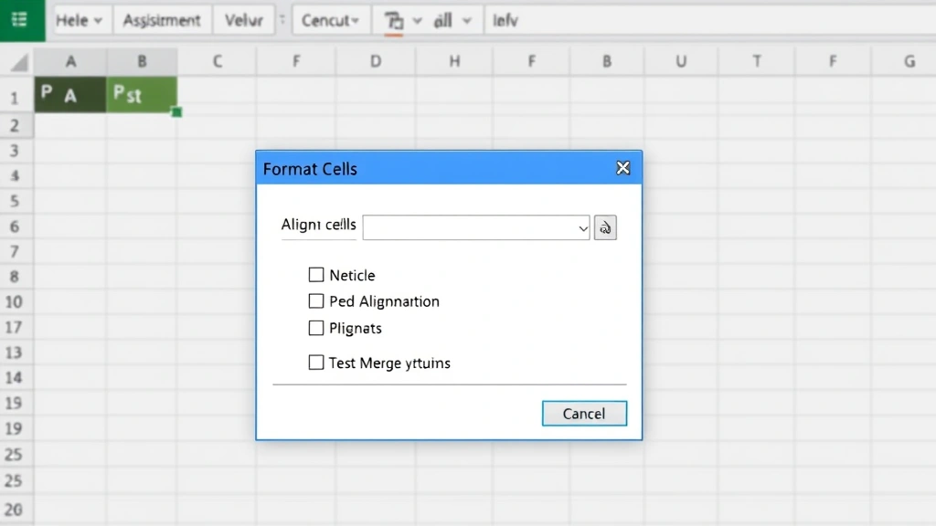 Excel Format Cells dialog box open to the Alignment tab with the Merge cells checkbox checked and alignment options visible