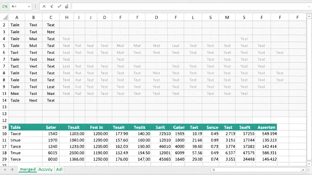 Spreadsheet demonstrating merged cells across multiple columns forming a professional header row, with unmerged data cells below showing proper table structure and formatting