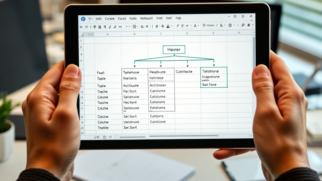 Hands holding a tablet displaying Excel with merged cells creating a hierarchical table structure with multiple header levels, showing data organization and layout design, office workspace background