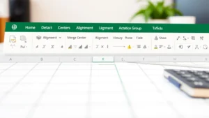 Close-up of Excel spreadsheet showing Home tab ribbon with Merge & Center button highlighted in the Alignment group, clean office desk setup
