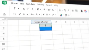 Close-up of Excel spreadsheet with Home tab visible, Merge & Center button highlighted in the Alignment group, two cells selected with blue highlighting, professional office setting