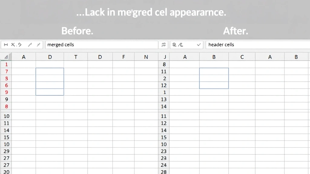 Before and after comparison showing merged header cells spanning three columns in Excel, clear visual demonstration of merged cell appearance
