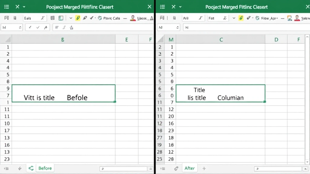 Split-screen comparison showing before and after of merged cells in Excel, demonstrating how a title spans across multiple columns after merging, with professional spreadsheet formatting