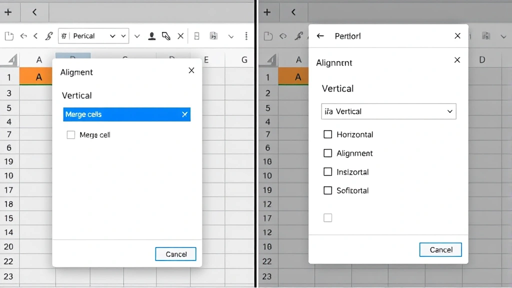Split-screen comparison showing Format Cells dialog box with Alignment tab open displaying merge cells checkbox, vertical and horizontal alignment options clearly visible