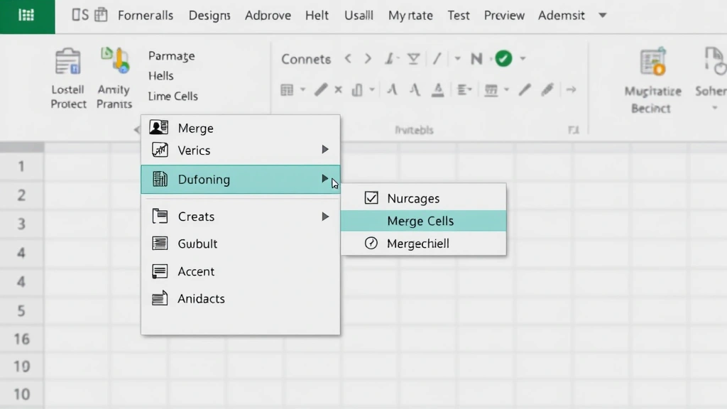 Excel ribbon menu interface showing Home tab with Merge Cells button highlighted and visible dropdown menu with merge options displayed, clear view of toolbar and formatting buttons