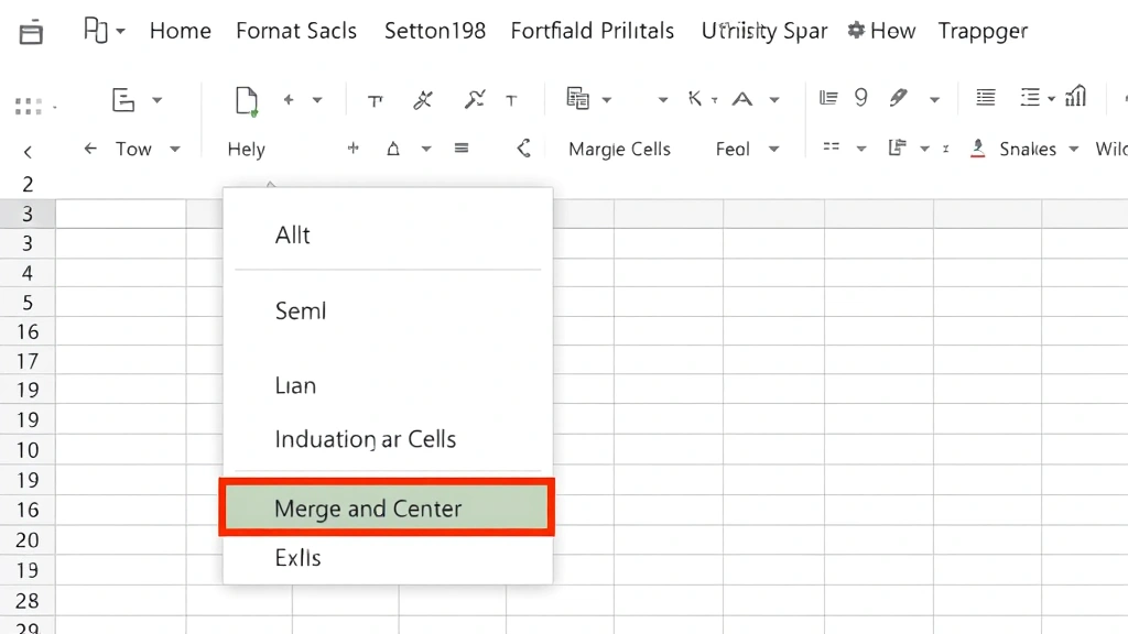 Excel spreadsheet demonstrating the Format Menu dropdown with merge cell options visible, including Merge Cells, Merge and Center, and Unmerge Cells choices highlighted, clean interface view