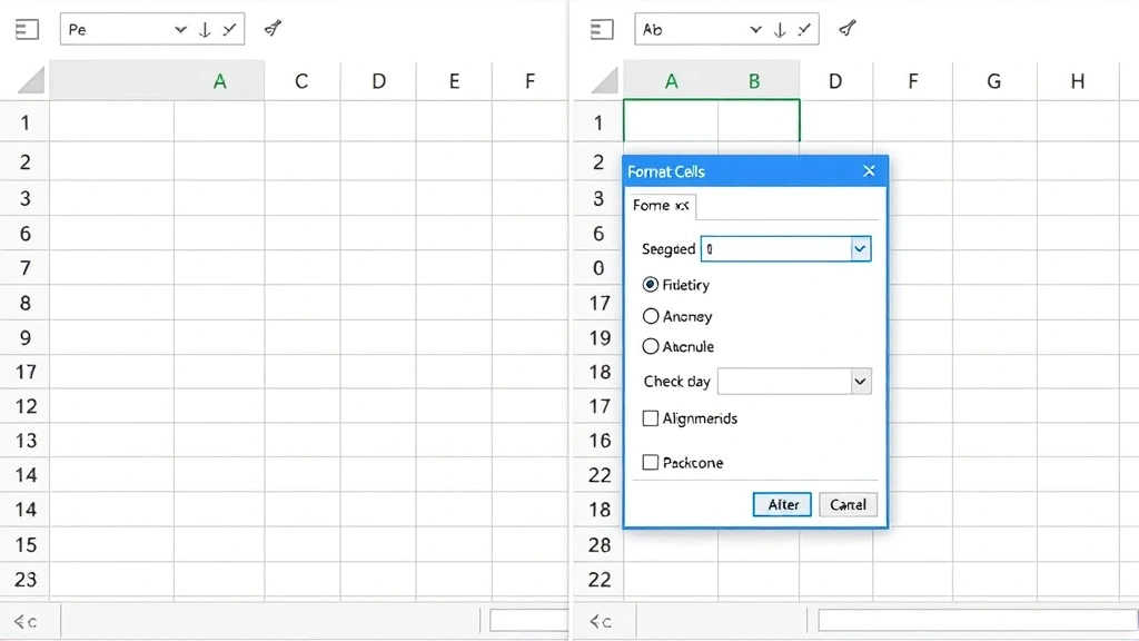 Before and after comparison showing Excel cells being merged, with Format Cells dialog box open on the Alignment tab, demonstrating the merge cells checkbox and alignment options