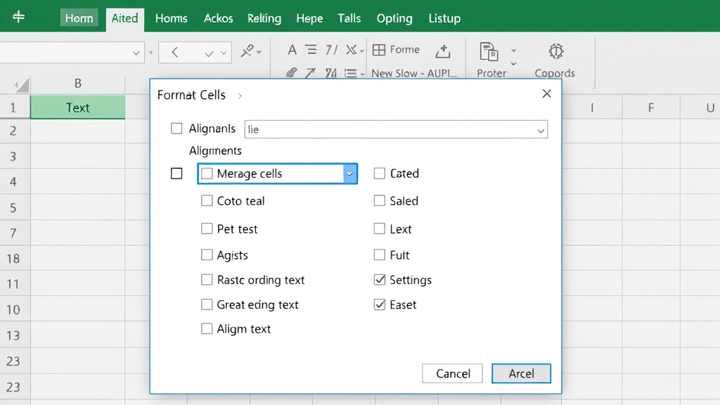 Detailed screenshot of the Format Cells dialog box open to the Alignment tab, with the Merge cells checkbox visible and checked, surrounded by other formatting options for text alignment and orientation settings.