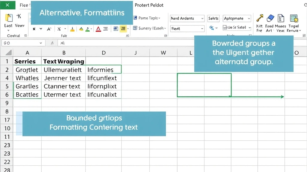 Excel spreadsheet displaying alternative formatting techniques including text wrapping, centered text, and bordered cell groups without merging
