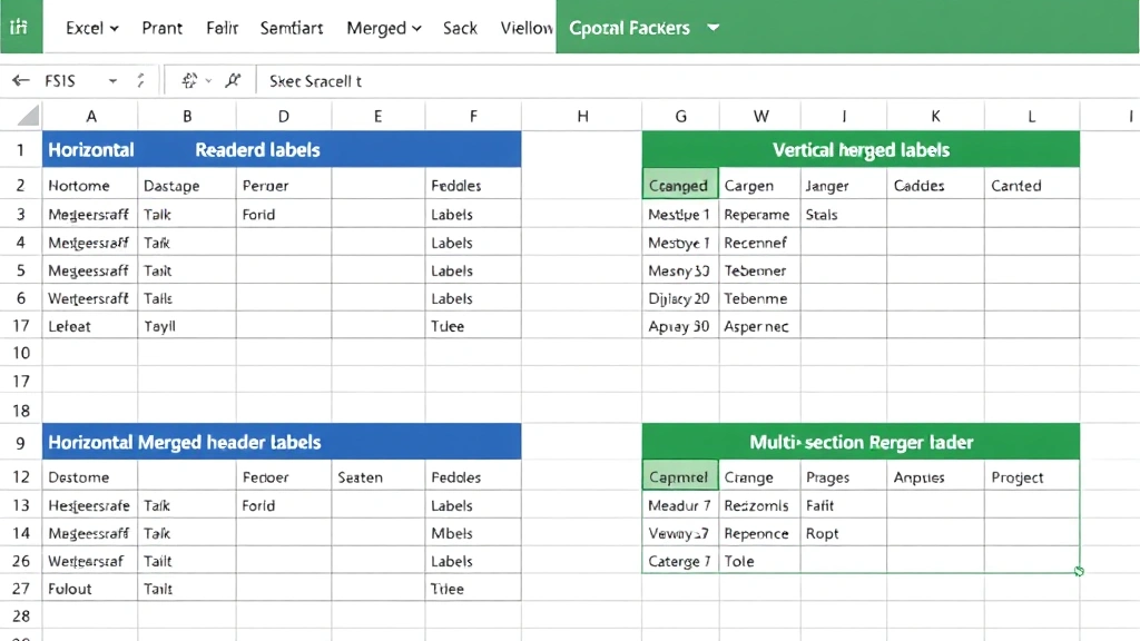 Excel worksheet displaying various merged cell examples including horizontal merged headers, vertical merged labels, and a complex multi-section merged header layout for a professional report
