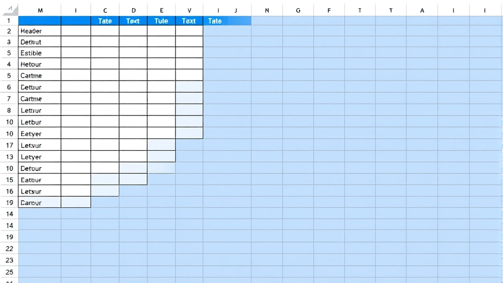 Professional business spreadsheet with merged header cells spanning multiple columns, formatted with blue background and white centered text for title, data rows visible below with organized columns