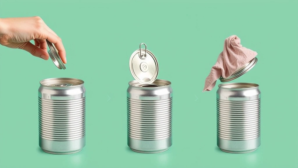 Sequence of three manual can opener positions: piercing the lid, rotating around the can, and lifting away the separated lid with a cloth