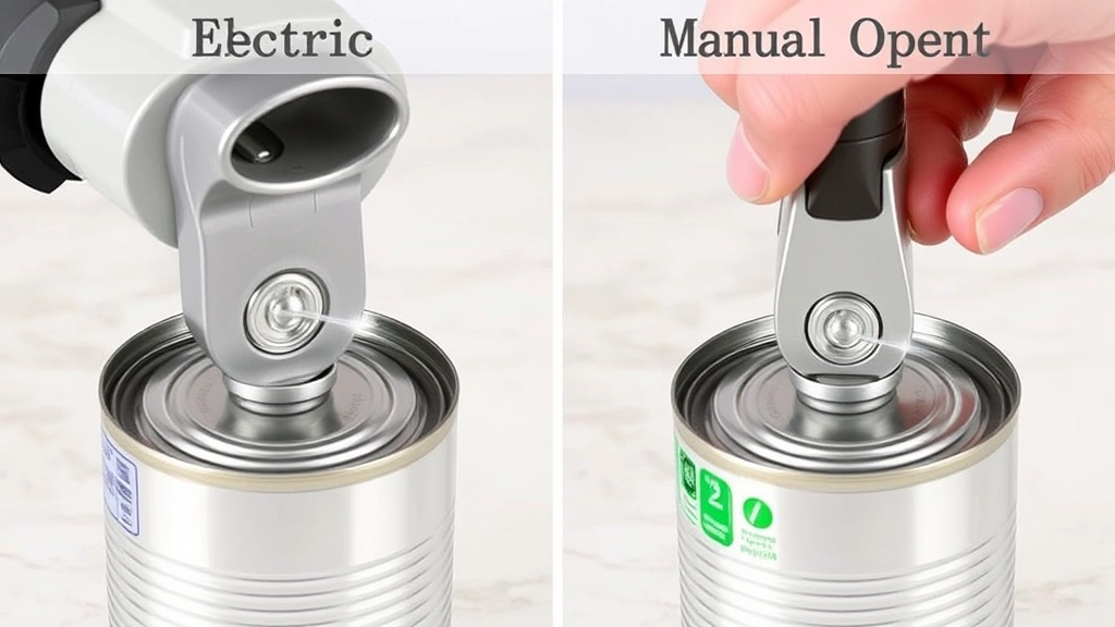 Side-by-side comparison of electric and manual can openers operating on cans, showing the cutting wheel making contact with can rim