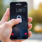 Close-up of hands holding a Samsung smartphone with pattern lock screen displayed, finger hovering above the unlock pattern, bright daylight, realistic phone display