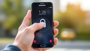 Close-up of hands holding a Samsung smartphone with pattern lock screen displayed, finger hovering above the unlock pattern, bright daylight, realistic phone display