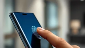 Close-up of person using fingerprint sensor on side of Samsung Galaxy smartphone, finger touching metallic sensor, modern minimalist background