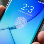 Close-up of Samsung smartphone home screen showing lock screen with fingerprint sensor highlighted, modern Android interface visible, user about to unlock device