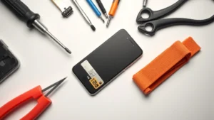 Close-up overhead shot of organized phone repair tools including precision screwdrivers, plastic pry tools, tweezers, and anti-static wrist strap arranged on white workbench with clean lighting