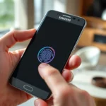 Close-up of hands holding a Samsung smartphone with lock screen visible, fingers positioned near biometric sensor area, modern home interior background, natural lighting, professional photography