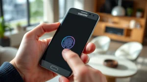 Close-up of hands holding a Samsung smartphone with lock screen visible, fingers positioned near biometric sensor area, modern home interior background, natural lighting, professional photography