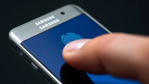 Close-up of a Samsung smartphone screen showing the fingerprint sensor location on the side of the device, with a finger positioned to scan, modern lighting, realistic details