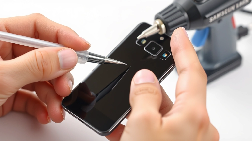 Close-up of hands using plastic spudger to carefully separate glass back panel from Samsung phone frame, with heat gun visible in background