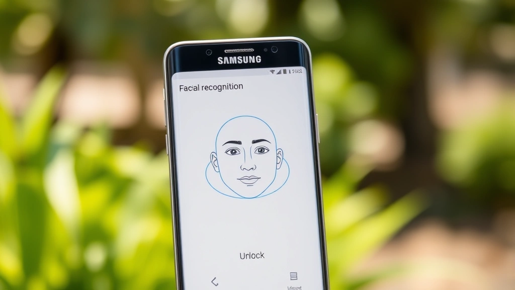 Samsung phone displaying the facial recognition setup screen with animated face outline guide, showing the front-facing camera and unlock interface, bright natural lighting