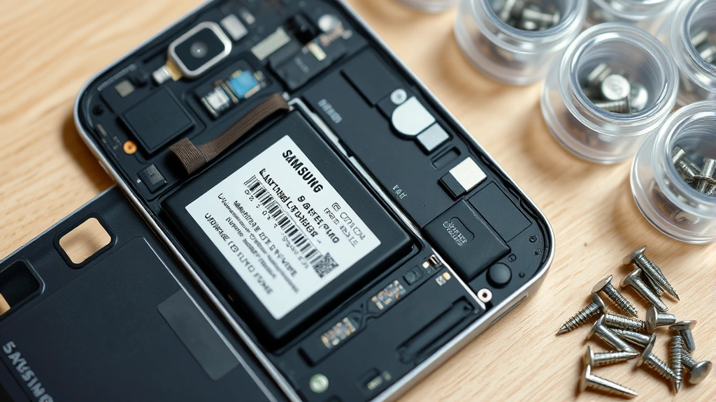 Detailed view of open Samsung phone interior showing battery connector, ribbon cables, and internal components with organized screw containers visible at edge of workspace