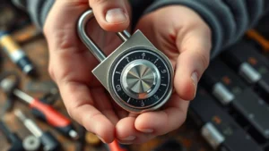 Close-up of a person's hands holding a combination padlock with rotating dials, showing the shackle and lock body clearly, natural lighting on a workbench