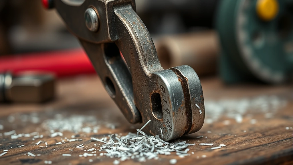 Detailed macro shot of bolt cutters cutting through a padlock shackle, metal shavings visible, workbench setting, clear focus on cutting action