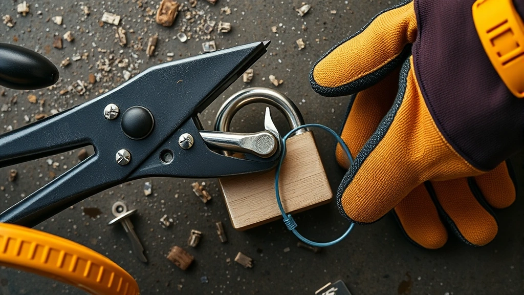Overhead view of heavy-duty bolt cutters positioned to cut through a padlock shackle, with safety glasses and work gloves visible, demonstrating proper tool positioning and safety equipment