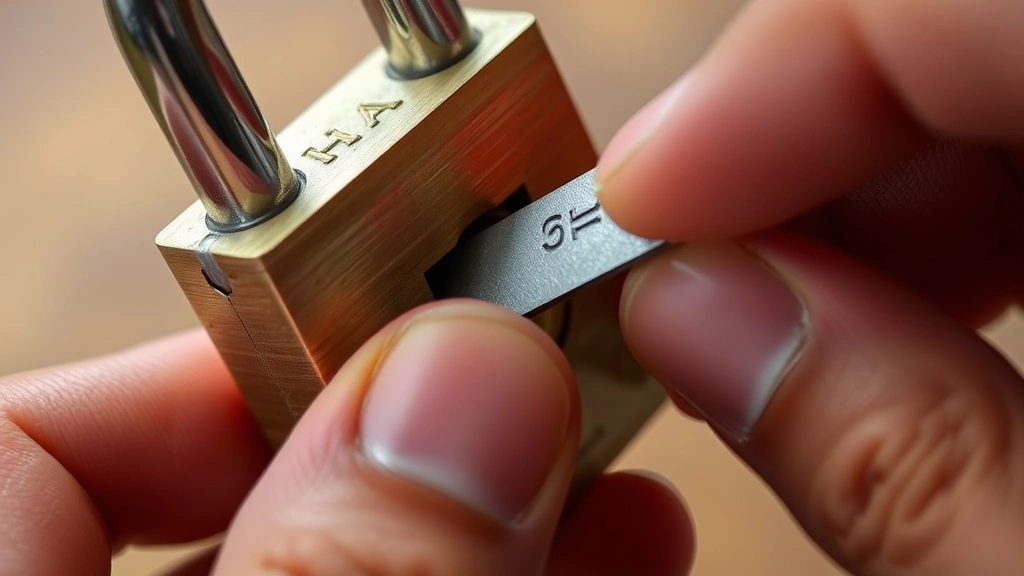 Detailed view of a thin metal shim being carefully inserted between a padlock's shackle and lock body, demonstrating proper shimming technique with steady hands