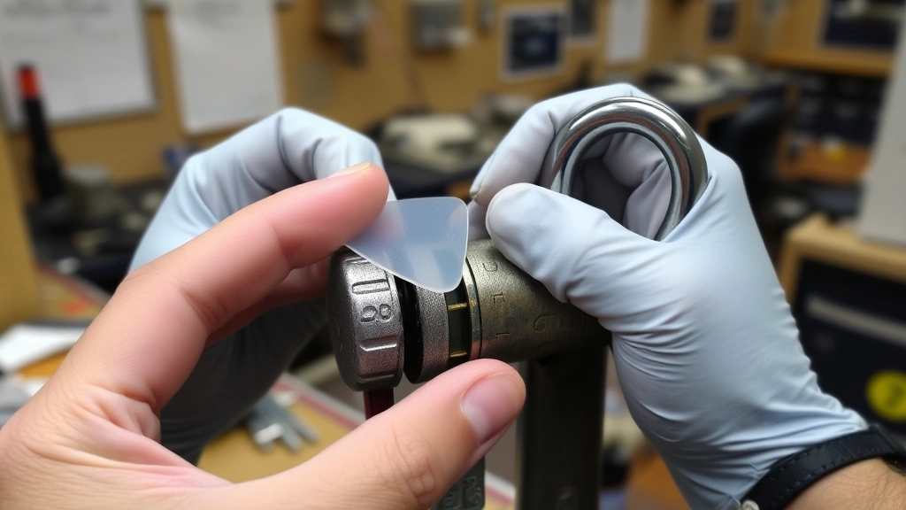 Hands holding a thin plastic shim next to a number lock, demonstrating insertion technique near the shackle gap, workshop environment, educational setup