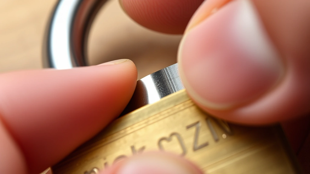 Detailed macro shot of a thin metal shim being carefully inserted between a padlock shackle and lock body, with fingers showing precise placement technique for the shimming method