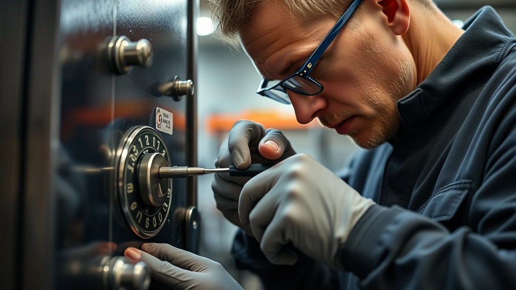 Professional locksmith using specialized tools on a number lock, showing concentration and skill while manipulating the dial mechanism in bright workshop lighting