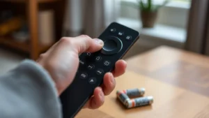 Close-up of hands holding a Fire TV remote with visible Home button being pressed, fresh AA batteries lying nearby on a wooden table, warm indoor lighting, showing the physical pairing gesture clearly