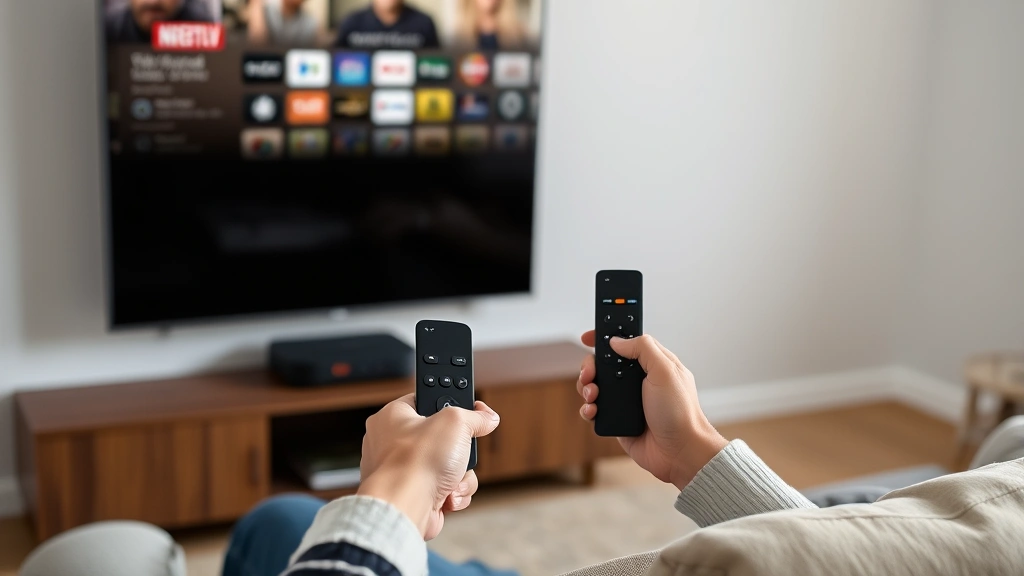 Person sitting on a couch holding a Fire TV remote pointed at a mounted TV, Fire TV device visible beneath the television, comfortable home entertainment setup with clear line of sight between remote and device