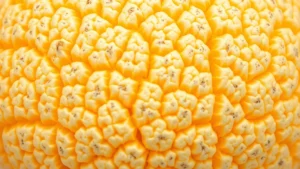 Close-up of a ripe cantaloupe's netted skin texture showing pronounced beige-tan netting pattern with golden-orange background color, natural daylight, extreme detail of the raised web-like pattern across the melon surface