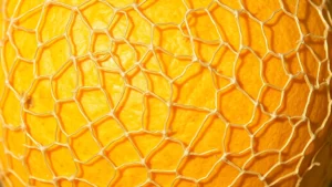 Close-up of cantaloupe netting pattern showing raised, interconnected web texture on golden-tan background, natural lighting highlighting surface detail