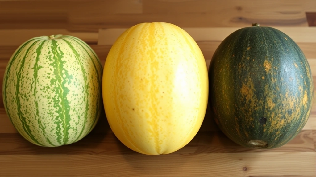 Side-by-side comparison of three cantaloupes at different ripeness stages displayed on a wooden surface, showing progression from underripe greenish melon to perfectly ripe golden melon to overripe darkened melon, natural produce market lighting