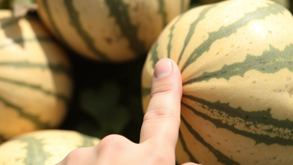 Hand gently pressing cantaloupe stem end to test firmness, showing proper testing technique with light finger pressure on ripe melon, natural daylight