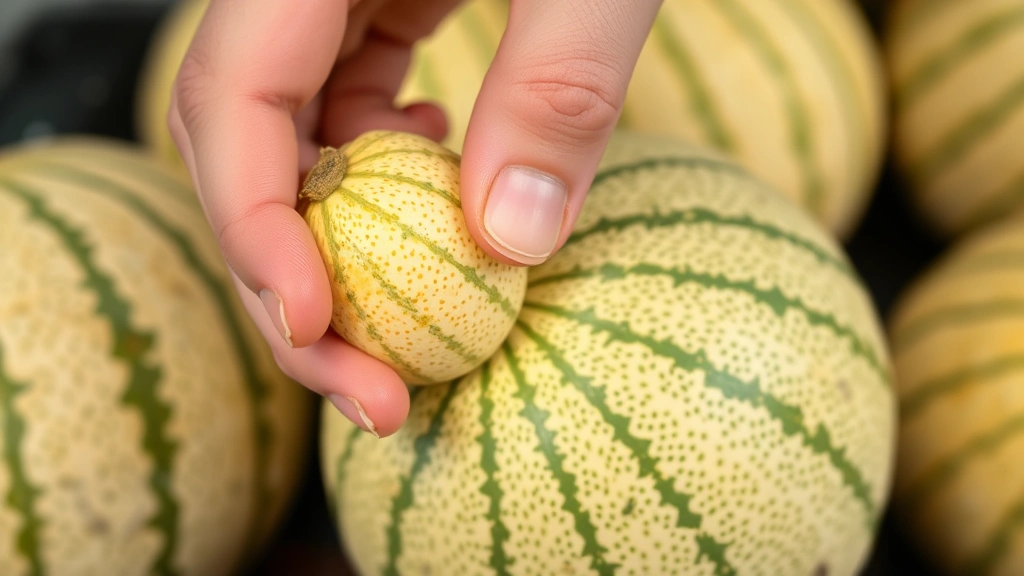 Hand gently squeezing stem end of ripe cantaloupe in produce section, demonstrating proper pressure technique for firmness assessment