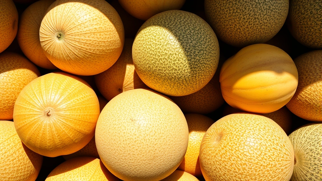 Overhead view of several cantaloupes on display at farmers market, various ripeness stages showing color differences and netting patterns, sunlit produce section