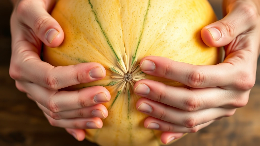 Hands gently pressing the blossom end of a cantaloupe to demonstrate firmness testing technique, showing proper finger placement and pressure application, close-up detail of the melon's end section with hands in frame