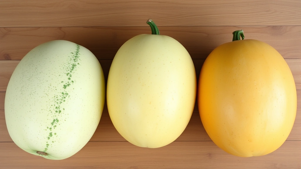 Three cantaloupes of varying ripeness displayed side-by-side on wooden surface, showing color progression from greenish to golden-tan, natural daylight