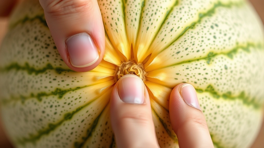 Macro shot of cantaloupe blossom end being gently pressed with thumb to test ripeness, showing skin texture and color, hands in frame demonstrating proper pressure application