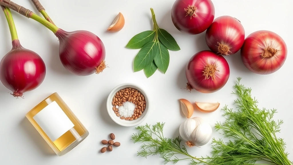 Flat lay composition showing ingredients for pickling: fresh red onions, vinegar bottle, salt in a small dish, mustard seeds, bay leaves, garlic cloves, peppercorns, and fresh dill arranged artfully on a light kitchen surface, all items clearly visible and identifiable