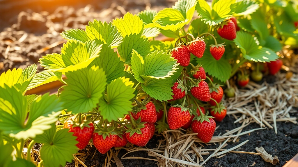 Mature strawberry plants with vibrant green leaves and ripe red berries growing in raised garden bed with straw mulch, morning sunlight illuminating the plants
