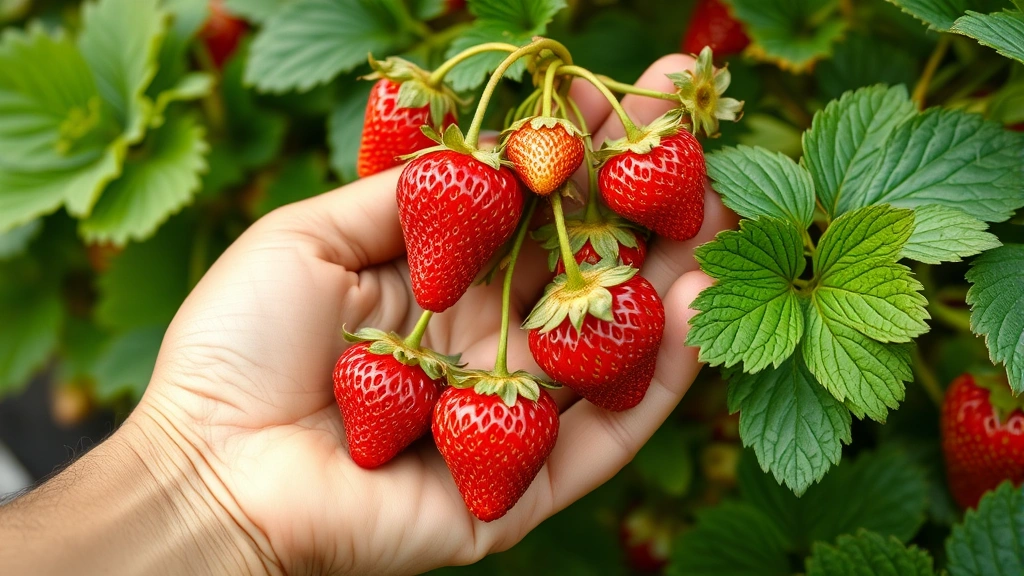 Close-up of hand harvesting fully ripe red strawberries from plant with lush foliage, showing proper picking technique with berries at peak ripeness