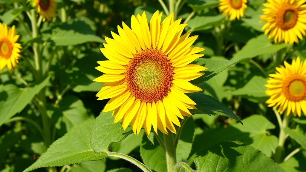 Mature sunflower plant with bright yellow blooms surrounded by green foliage in full sun, showing healthy plant structure and large flower head